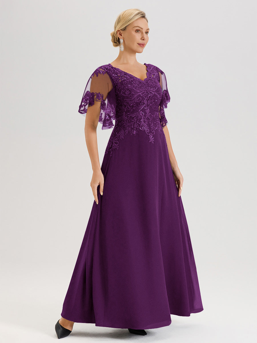 Cicinia Robe Mère De La Mariée En Raisin Longueur Au Sol En Chiffon Et Dentelle Décolleté En V À Manches Courtes Volantées