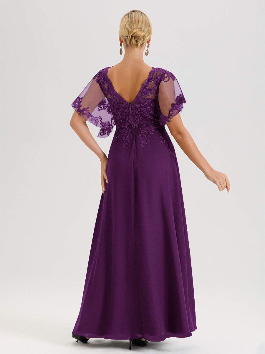 Cicinia Robe Mère De La Mariée En Raisin Longueur Au Sol En Chiffon Et Dentelle Décolleté En V À Manches Courtes Volantées
