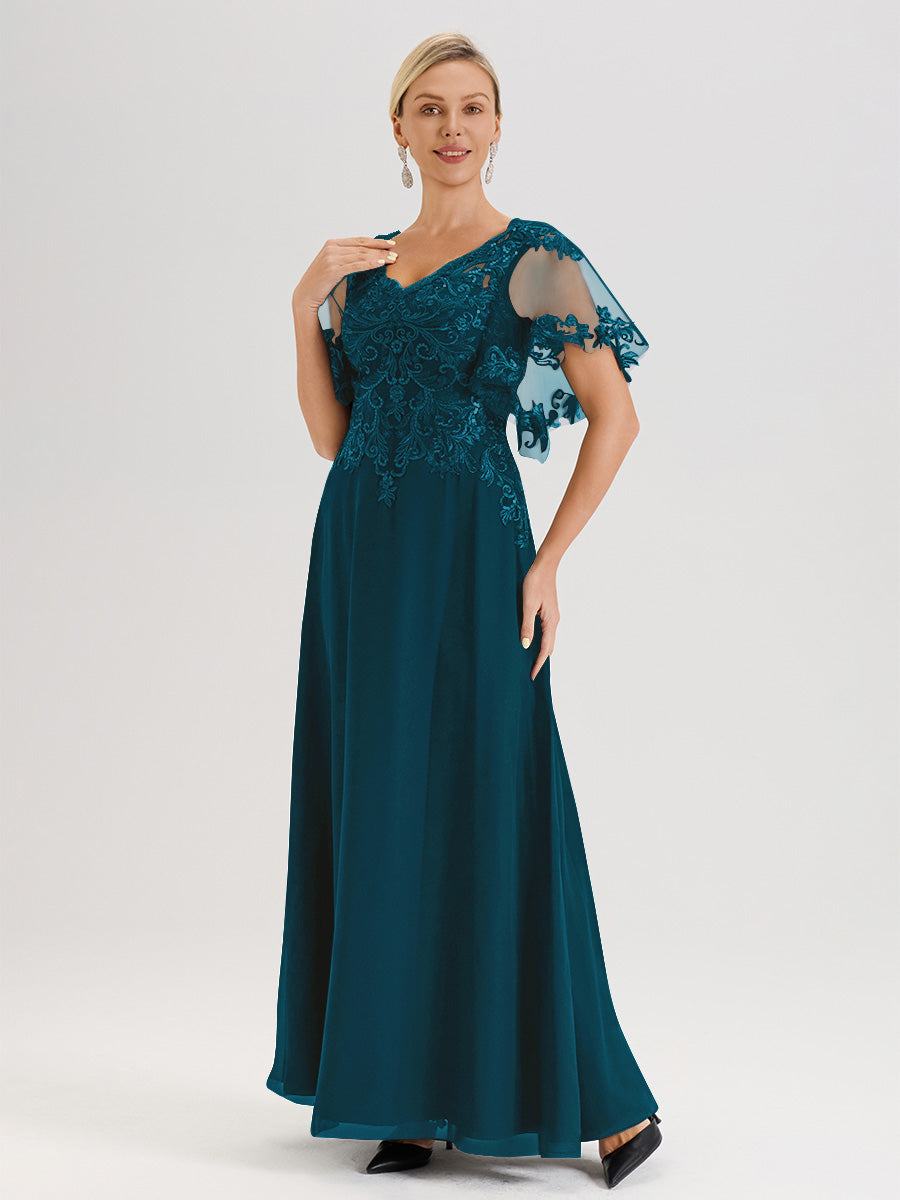 Cicinia Robe Mère De La Mariée Bleu Encre Longueur Au Sol En Chiffon Et Dentelle Décolleté En V À Manches Courtes Volantées