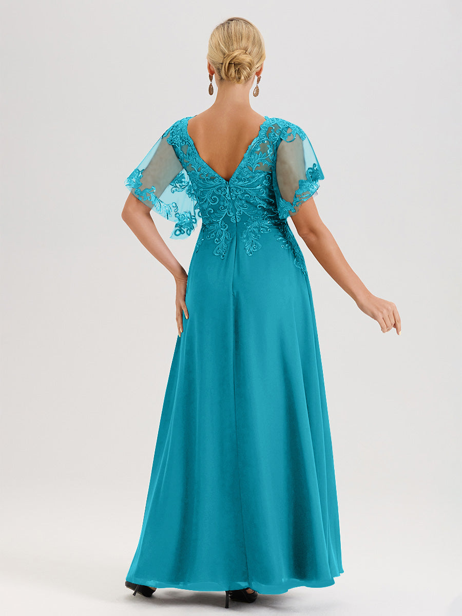 Cicinia Robe Mère De La Mariée Vert Jade Longueur Au Sol En Chiffon Et Dentelle Décolleté En V À Manches Courtes Volantées