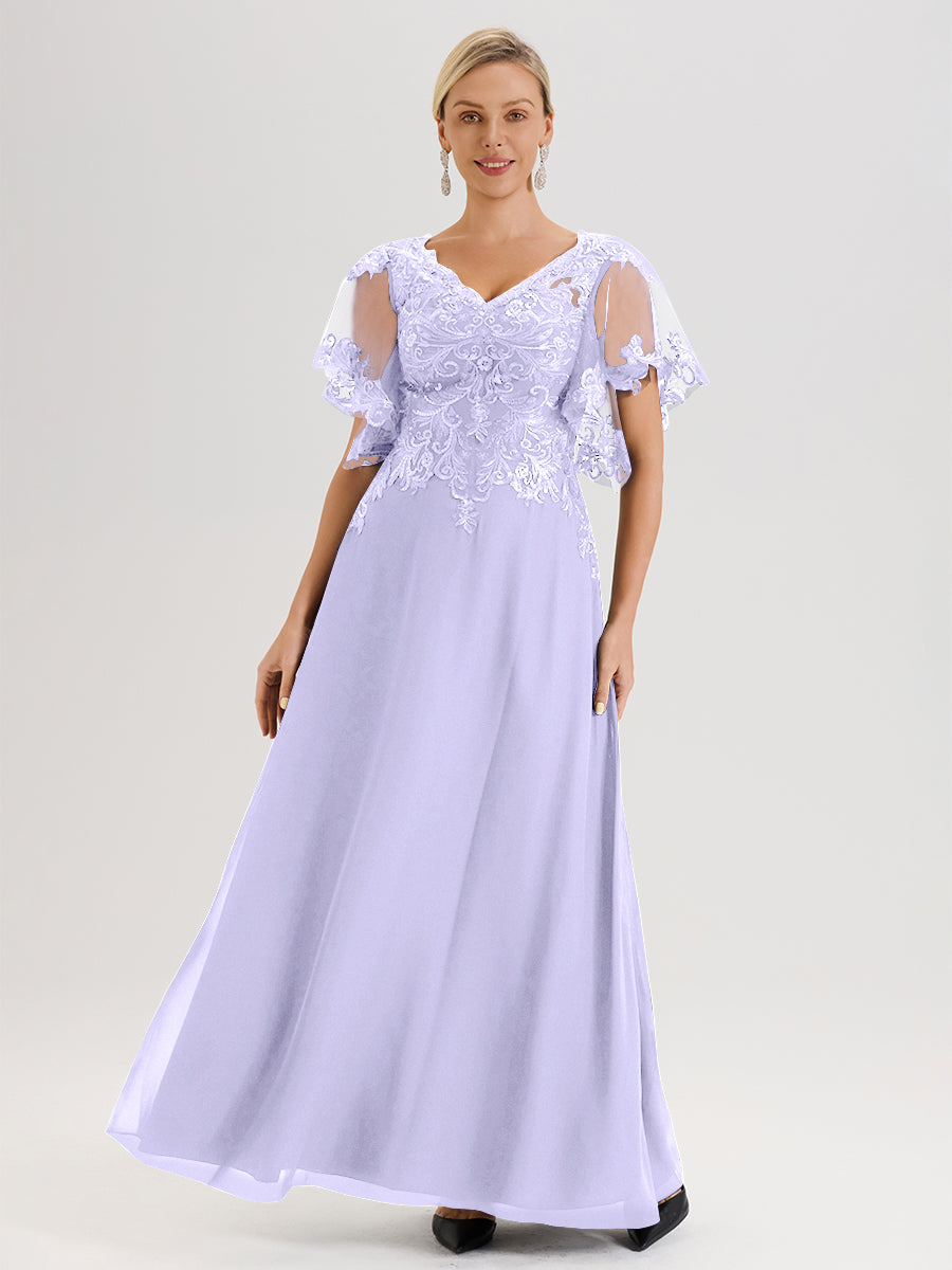 Cicinia Robe Mère De La Mariée Lilas Longueur Au Sol En Chiffon Et Dentelle Décolleté En V À Manches Courtes Volantées
