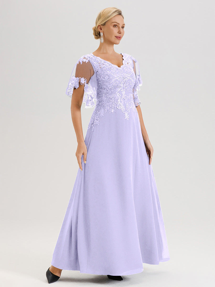 Cicinia Robe Mère De La Mariée Lilas Longueur Au Sol En Chiffon Et Dentelle Décolleté En V À Manches Courtes Volantées