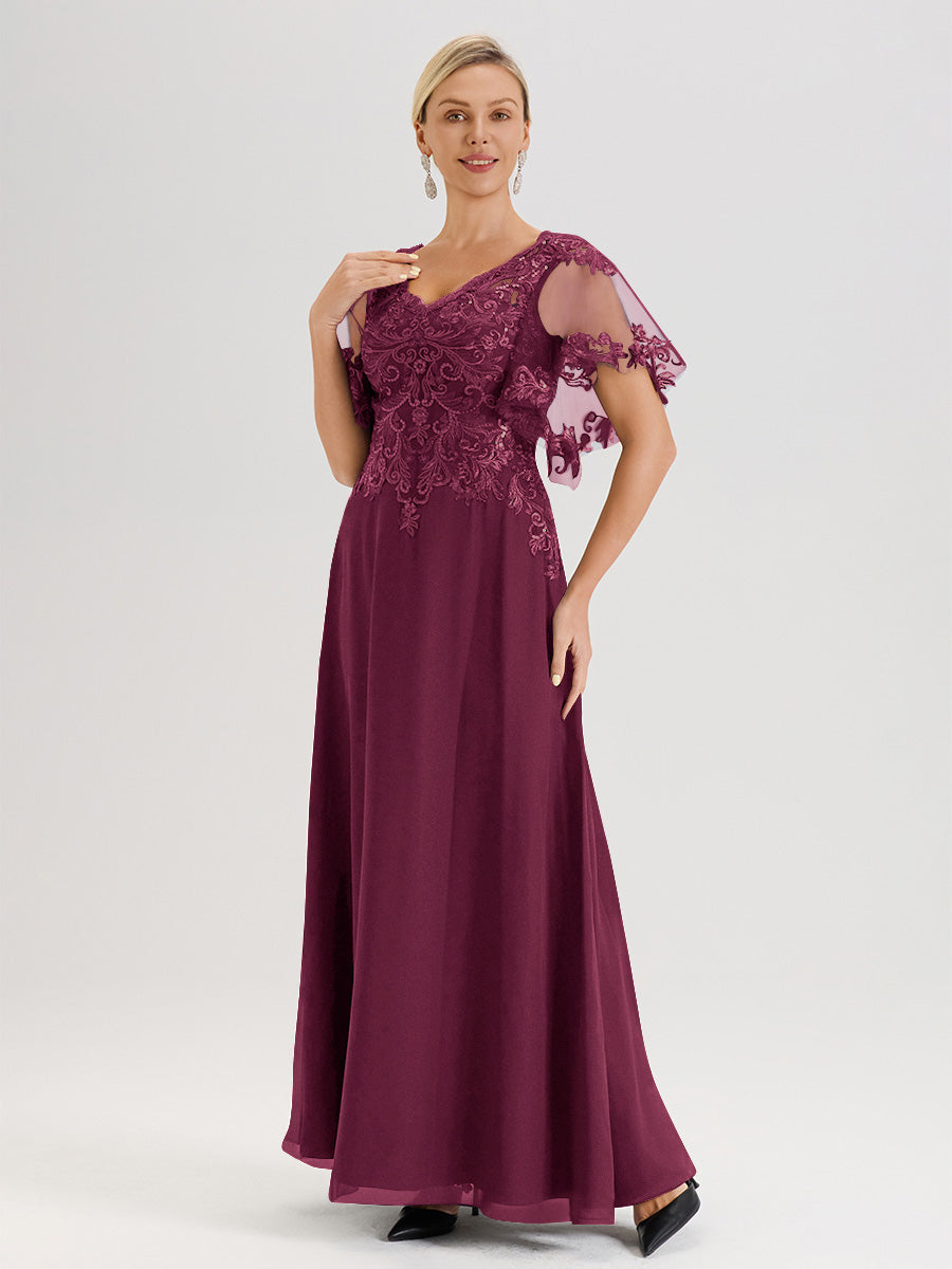 Cicinia Robe Mère De La Mariée Mûre Longueur Au Sol En Chiffon Et Dentelle Décolleté En V À Manches Courtes Volantées