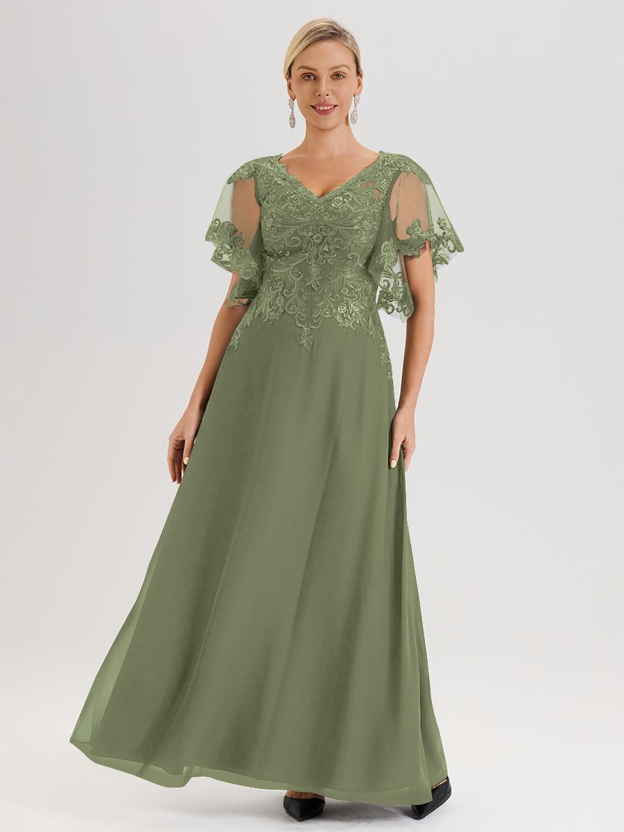 Cicinia Robe Mère De La Mariée Olive Longueur Au Sol En Chiffon Et Dentelle Décolleté En V À Manches Courtes Volantées