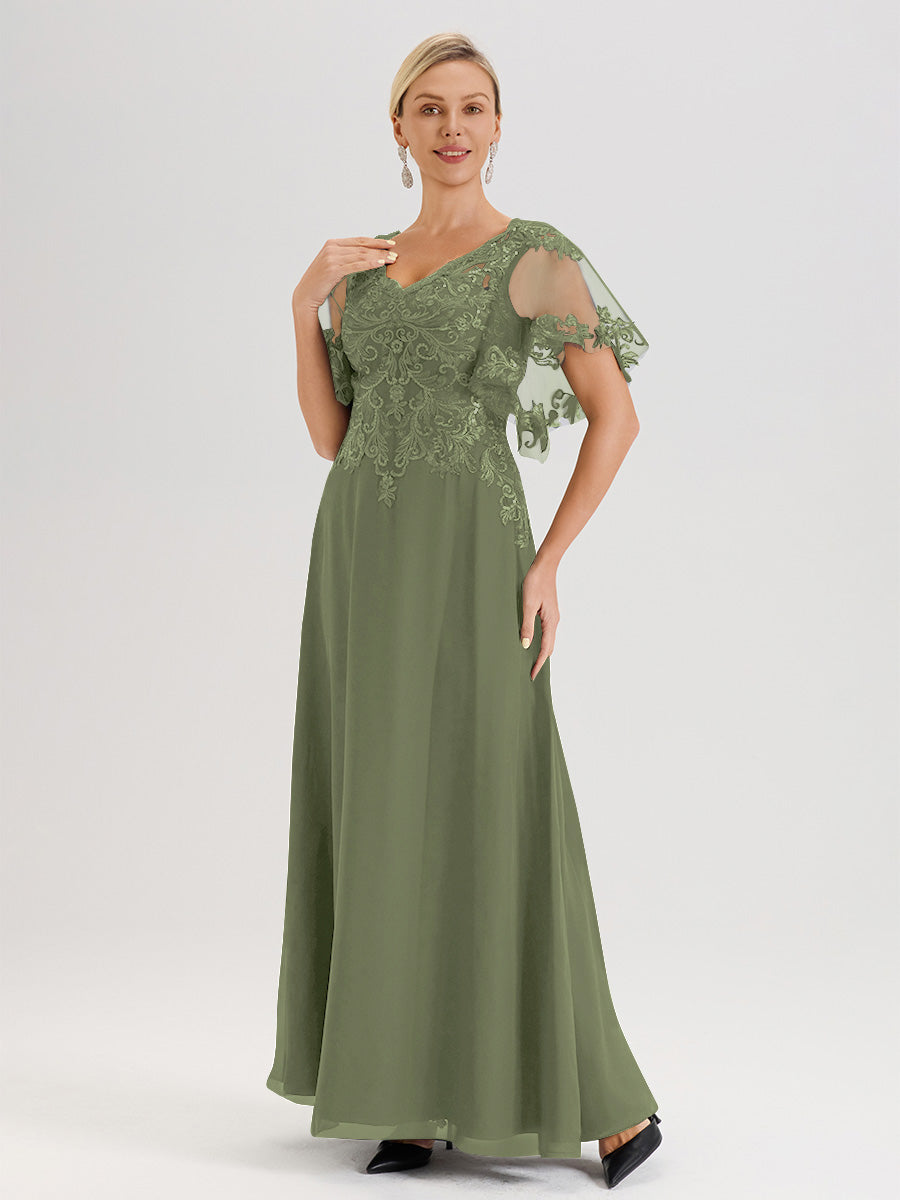 Cicinia Robe Mère De La Mariée Olive Longueur Au Sol En Chiffon Et Dentelle Décolleté En V À Manches Courtes Volantées