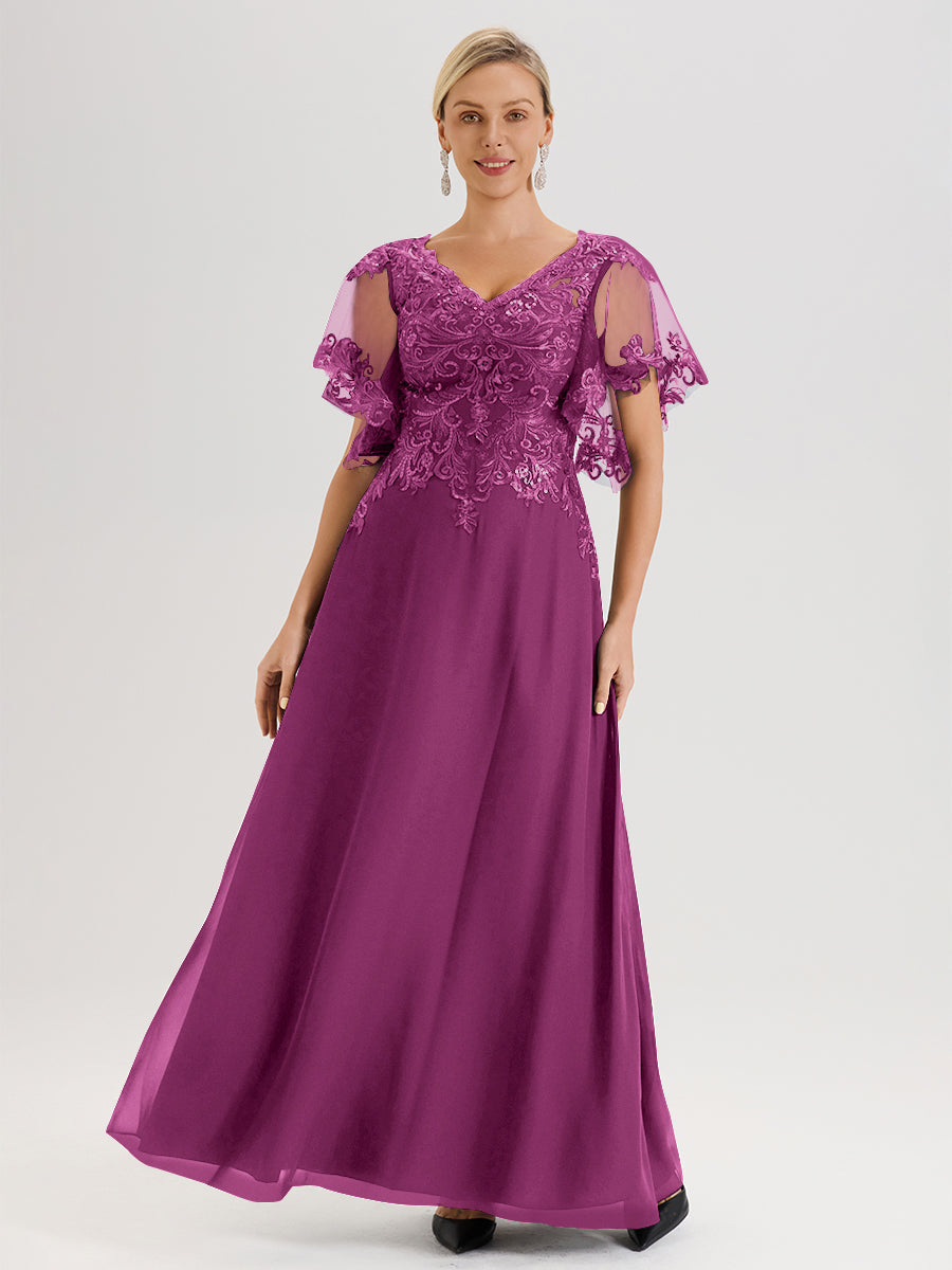 Cicinia Robe Mère De La Mariée Orchidée Longueur Au Sol En Chiffon Et Dentelle Décolleté En V À Manches Courtes Volantées