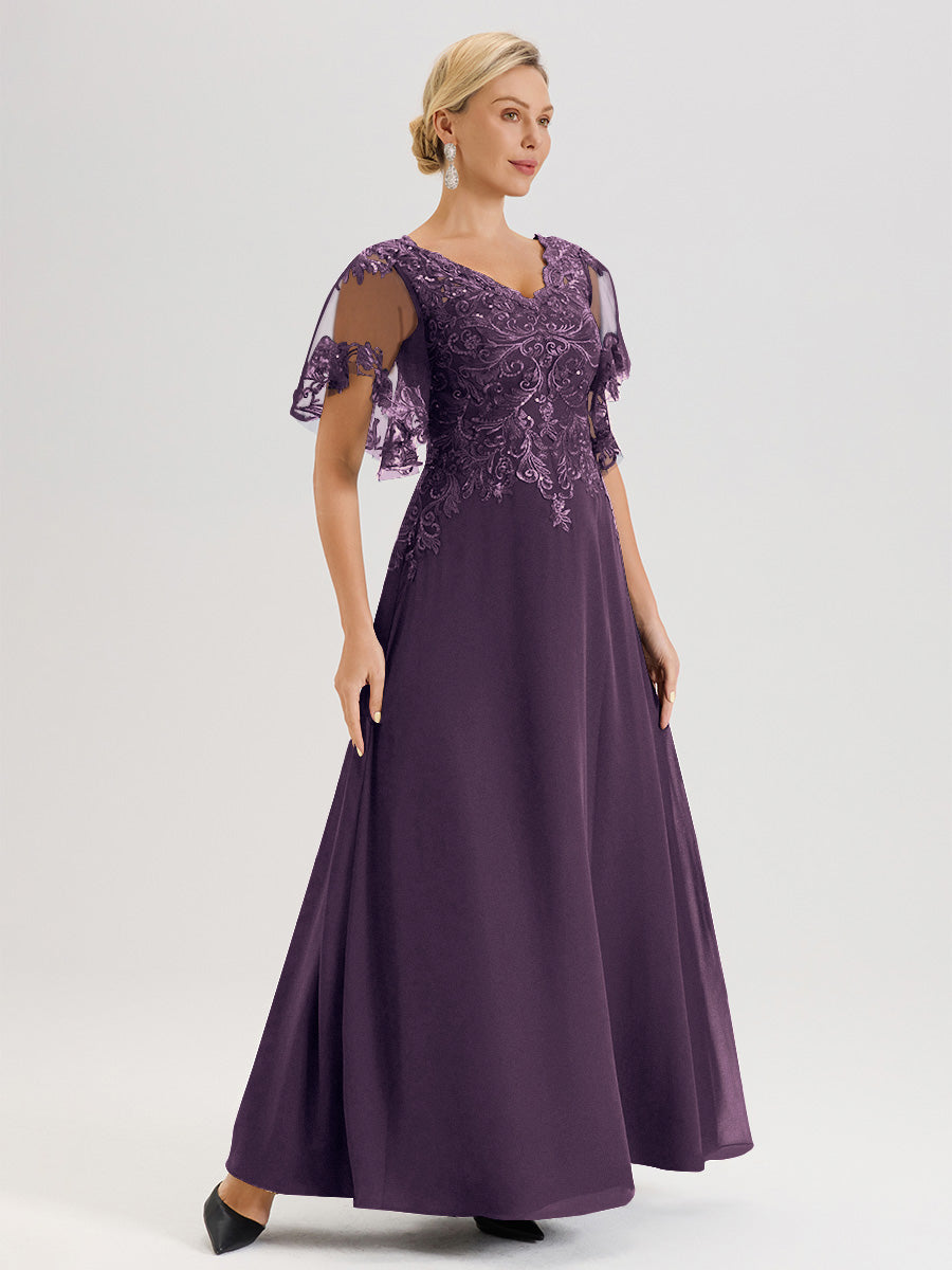 Cicinia Robe Mère De La Mariée En Plum Longueur Au Sol En Chiffon Et Dentelle Décolleté En V À Manches Courtes Volantées