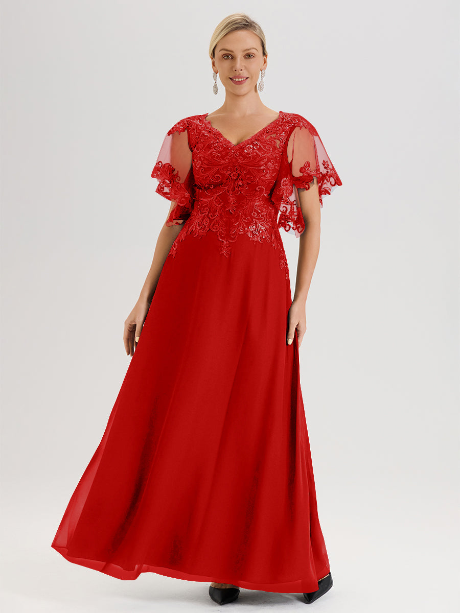Cicinia Robe Mère De La Mariée Rouge Longueur Au Sol En Chiffon Et Dentelle Décolleté En V À Manches Courtes Volantées