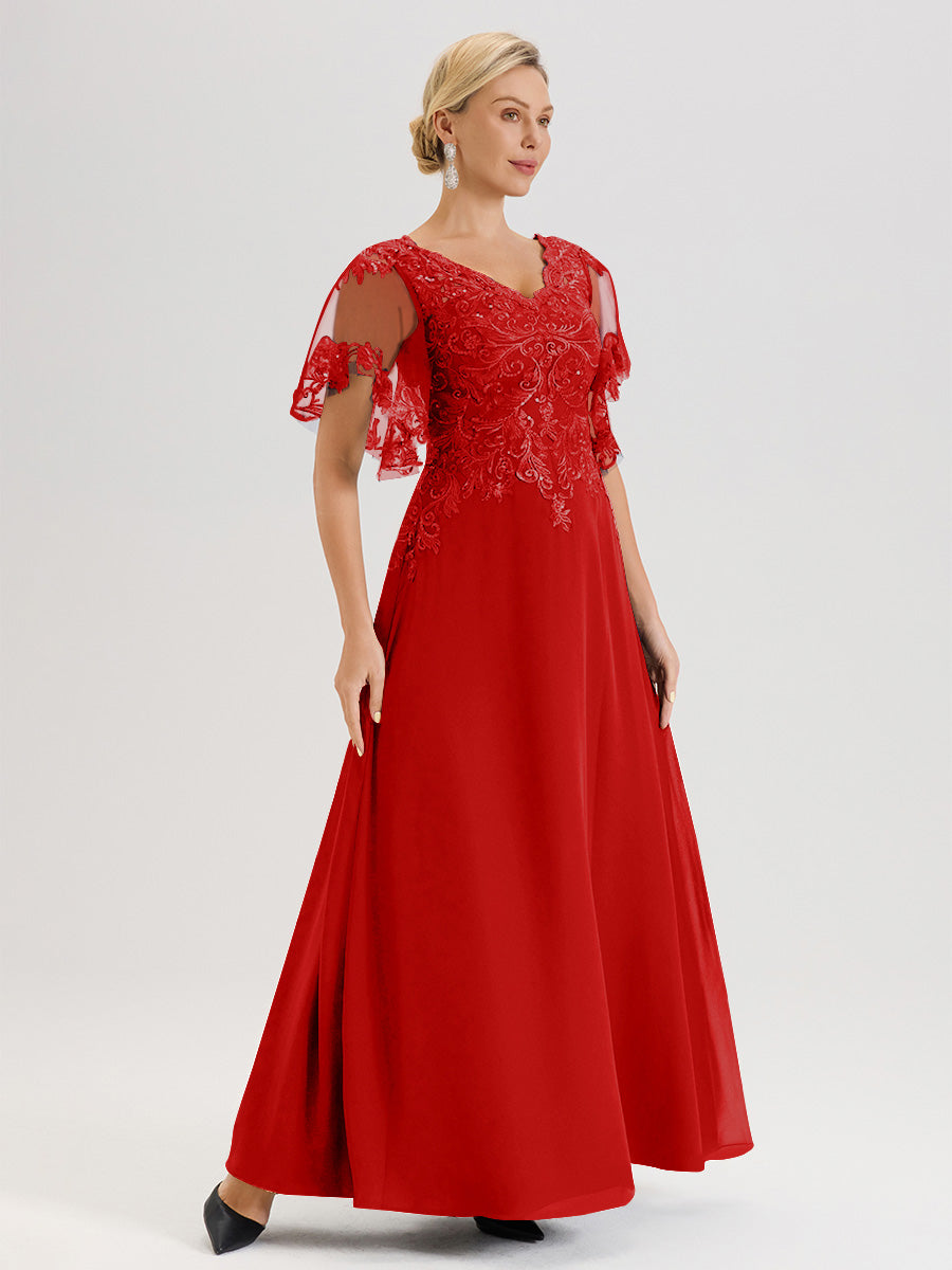 Cicinia Robe Mère De La Mariée Rouge Longueur Au Sol En Chiffon Et Dentelle Décolleté En V À Manches Courtes Volantées