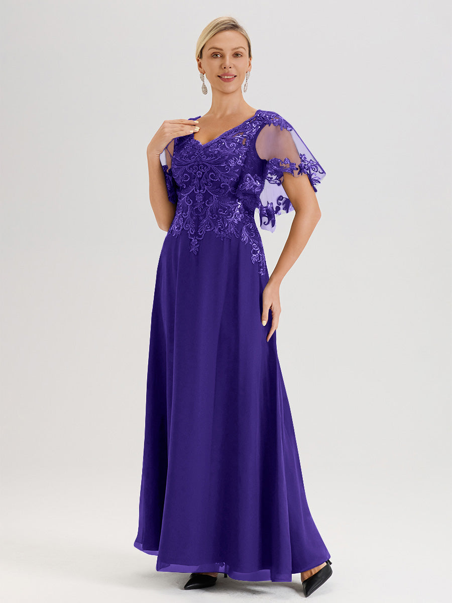 Cicinia Robe Mère De La Mariée En Régence Longueur Au Sol En Chiffon Et Dentelle Décolleté En V À Manches Courtes Volantées