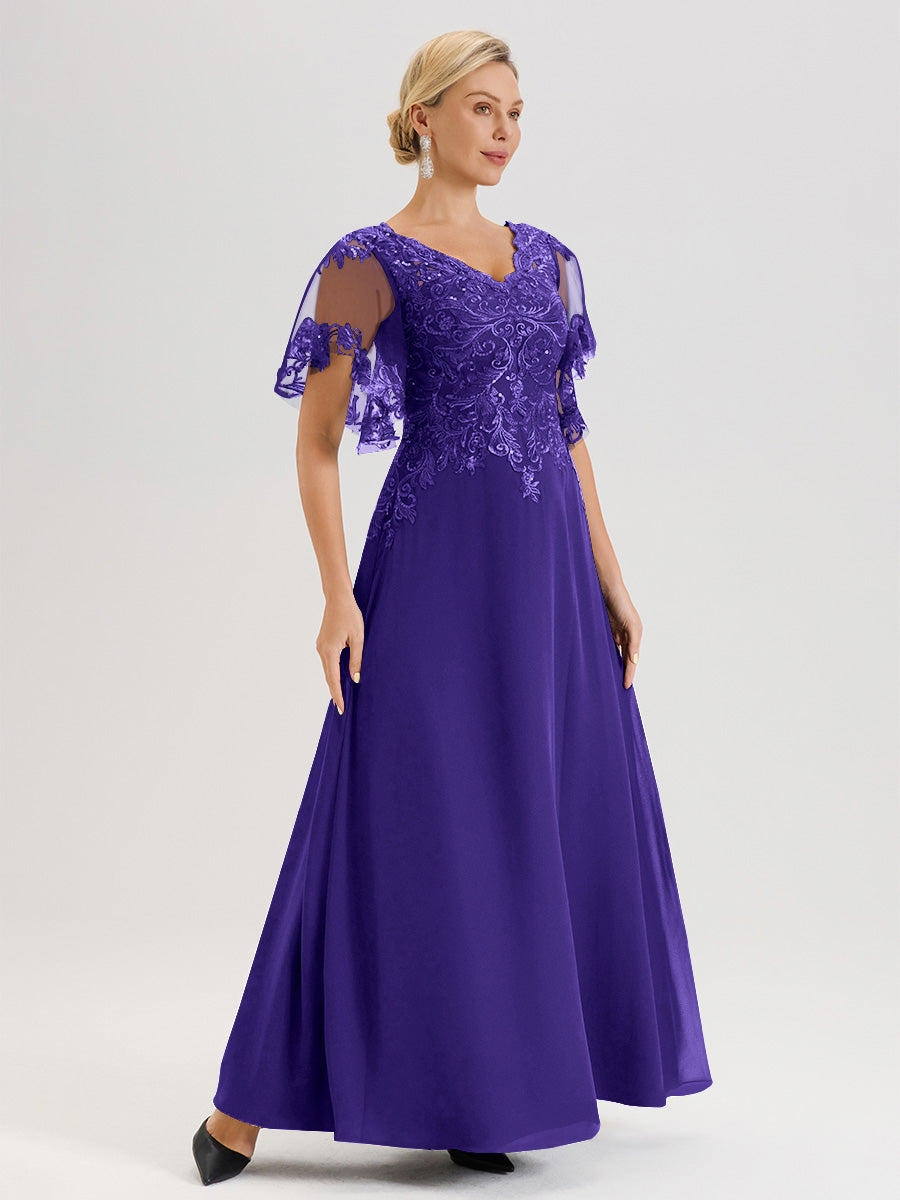 Cicinia Robe Mère De La Mariée En Régence Longueur Au Sol En Chiffon Et Dentelle Décolleté En V À Manches Courtes Volantées