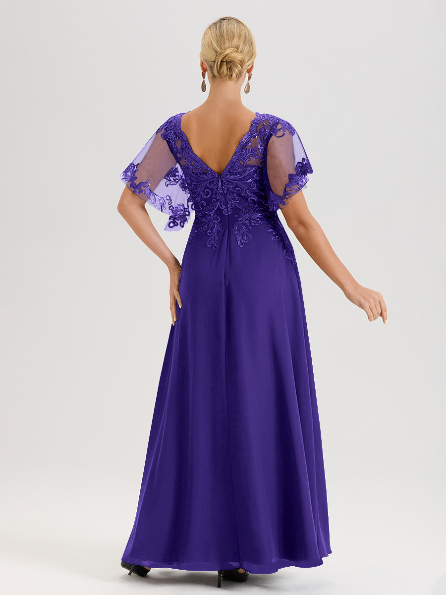 Cicinia Robe Mère De La Mariée En Régence Longueur Au Sol En Chiffon Et Dentelle Décolleté En V À Manches Courtes Volantées