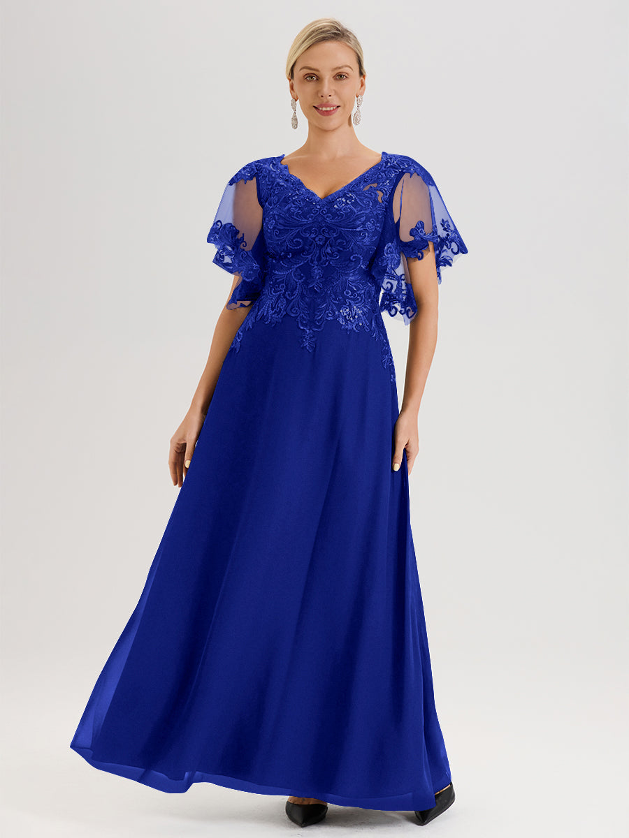 Cicinia Robe Mère De La Mariée Bleu Royal Longueur Au Sol En Chiffon Et Dentelle Décolleté En V À Manches Courtes Volantées