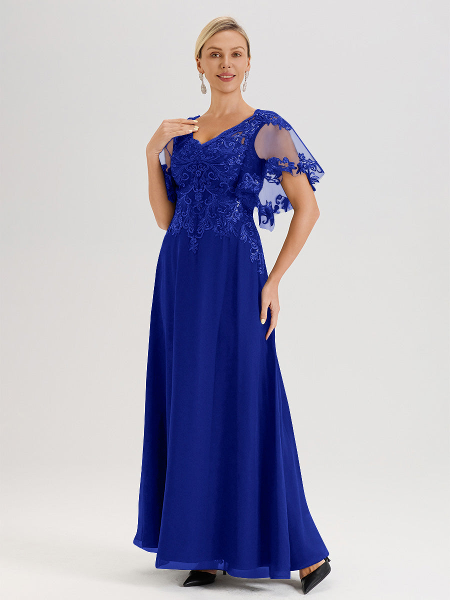 Cicinia Robe Mère De La Mariée Bleu Royal Longueur Au Sol En Chiffon Et Dentelle Décolleté En V À Manches Courtes Volantées