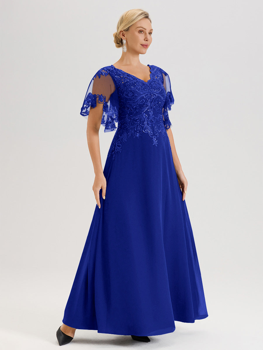 Cicinia Robe Mère De La Mariée Bleu Royal Longueur Au Sol En Chiffon Et Dentelle Décolleté En V À Manches Courtes Volantées