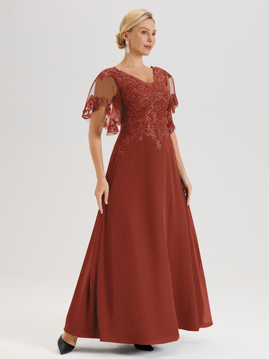 Cicinia Robe Mère De La Mariée Couleur Rouille Longueur Au Sol En Chiffon Et Dentelle Décolleté En V À Manches Courtes Volantées