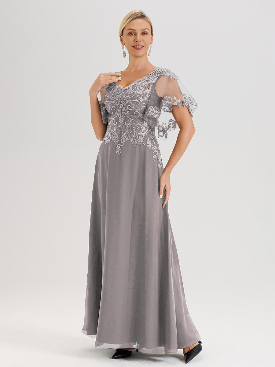 Cicinia Robe Mère De La Mariée Argenté Longueur Au Sol En Chiffon Et Dentelle Décolleté En V À Manches Courtes Volantées
