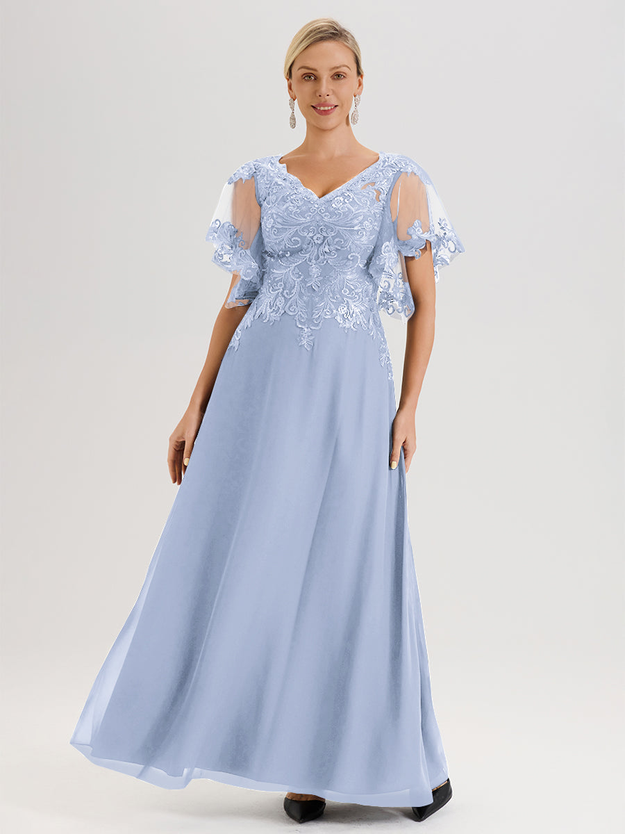 Cicinia Robe Mère De La Mariée Bleu Ciel Longueur Au Sol En Chiffon Et Dentelle Décolleté En V À Manches Courtes Volantées
