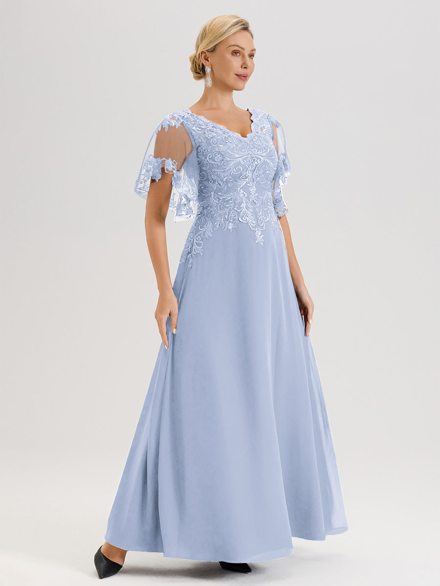 Cicinia Robe Mère De La Mariée Bleu Ciel Longueur Au Sol En Chiffon Et Dentelle Décolleté En V À Manches Courtes Volantées