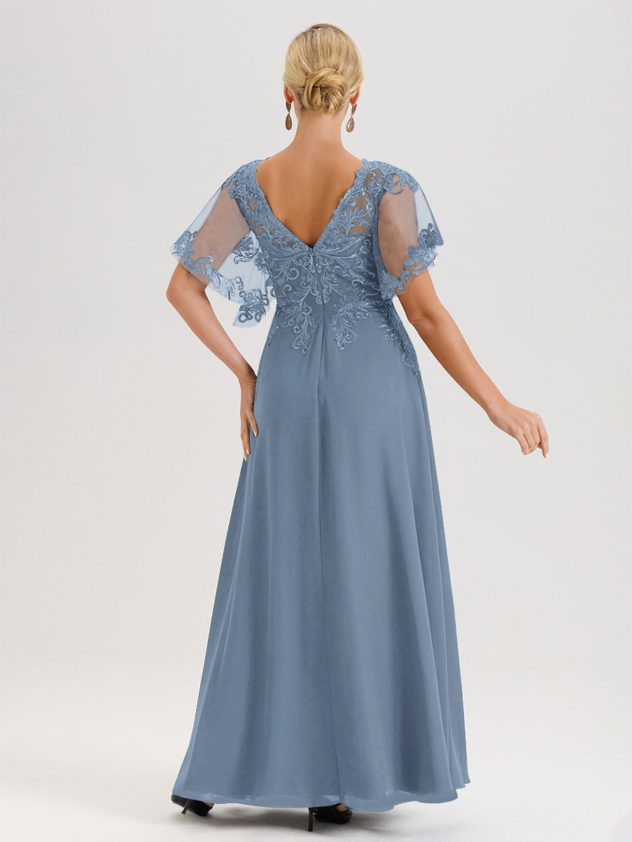 Cicinia Robe Mère De La Mariée Bleu De Schiste Longueur Au Sol En Chiffon Et Dentelle Décolleté En V À Manches Courtes Volantées