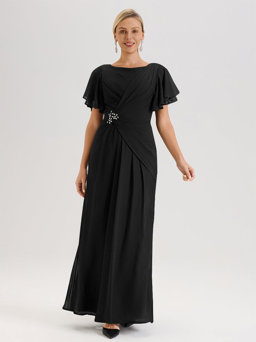 Cicinia Robe Pour Mère De La Mariée Orange Foncé Longueur Au Sol En Chiffon Col Rond À Manches Courtes Volantées