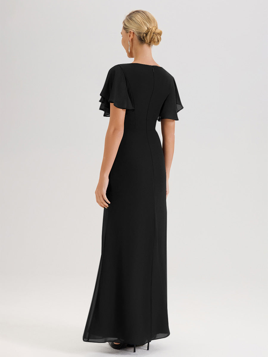 Cicinia Robe Pour Mère De La Mariée Noir Longueur Au Sol En Chiffon Col Rond À Manches Courtes Volantées