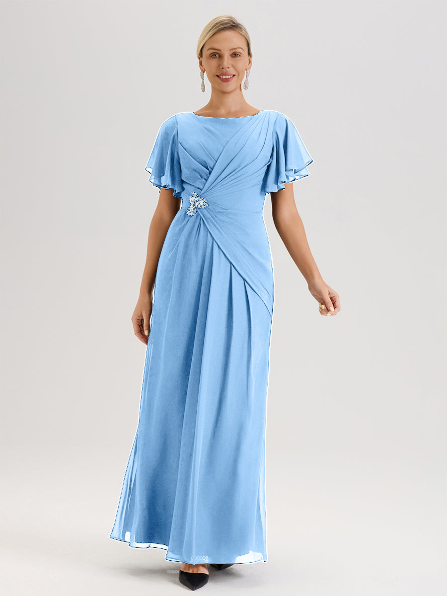 Cicinia Robe Pour Mère De La Mariée Bleu Longueur Au Sol En Chiffon Col Rond À Manches Courtes Volantées