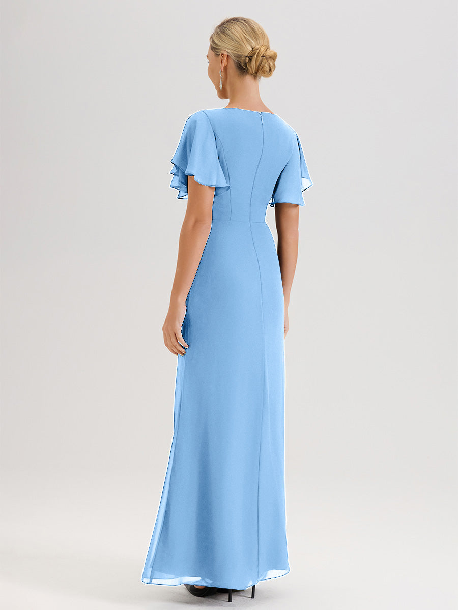 Cicinia Robe Pour Mère De La Mariée Bleu Longueur Au Sol En Chiffon Col Rond À Manches Courtes Volantées