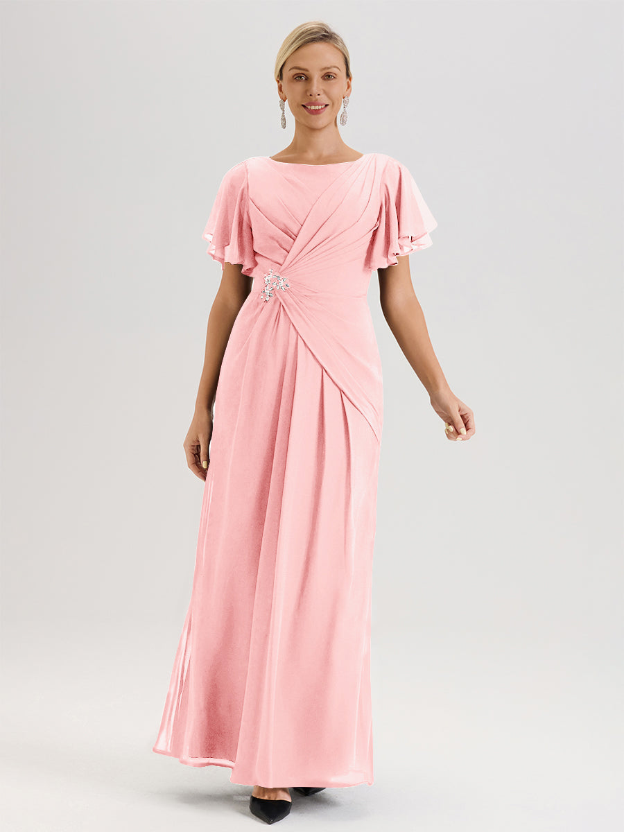Cicinia Robe Pour Mère De La Mariée Vert Olive Longueur Au Sol En Chiffon Col Rond À Manches Courtes Volantées