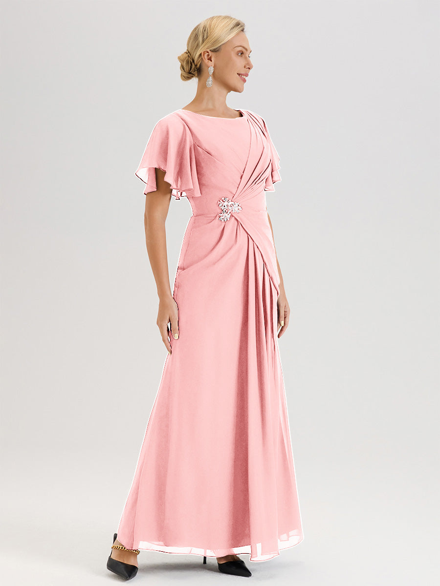 Cicinia Robe Pour Mère De La Mariée Rose Longueur Au Sol En Chiffon Col Rond À Manches Courtes Volantées