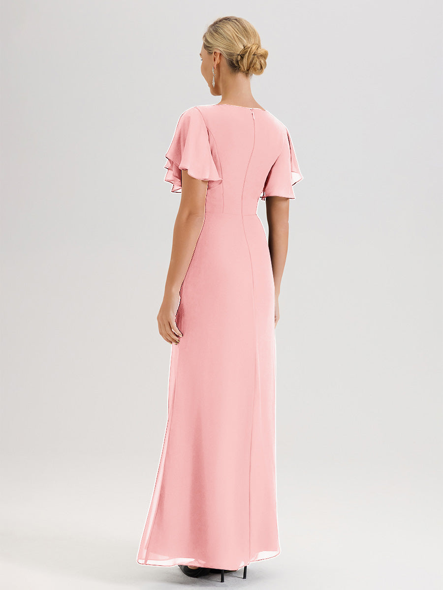 Cicinia Robe Pour Mère De La Mariée Rose Longueur Au Sol En Chiffon Col Rond À Manches Courtes Volantées