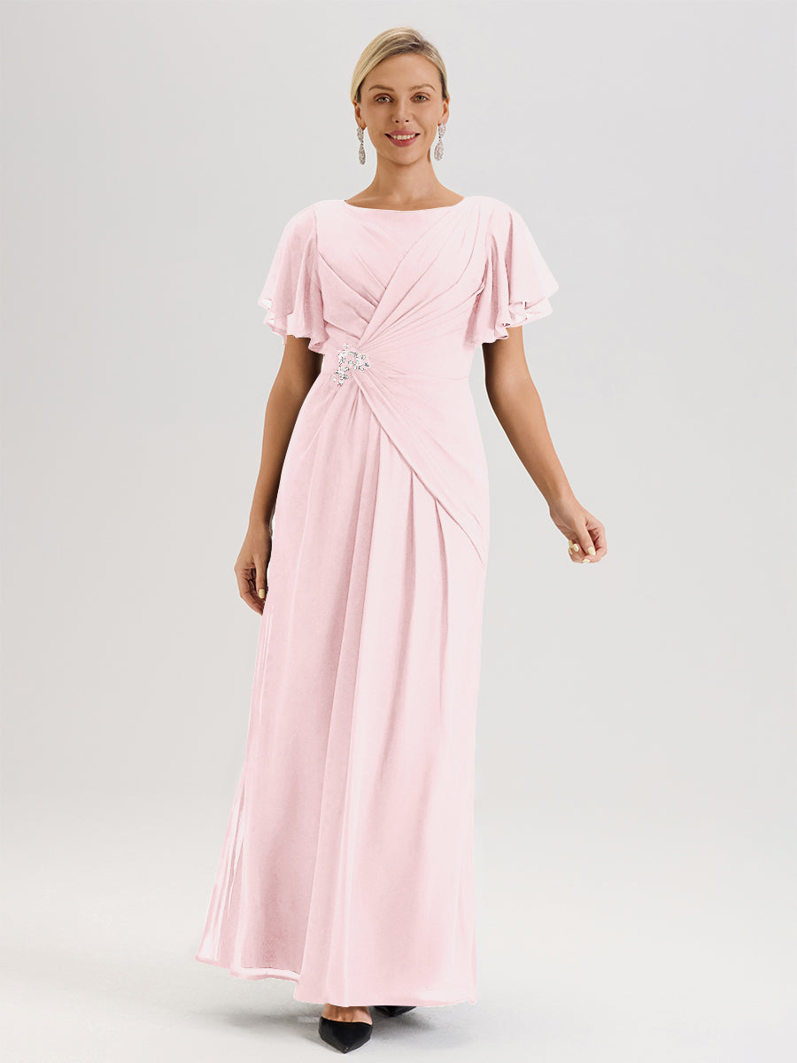 Cicinia Robe Pour Mère De La Mariée Rose Poudrée Longueur Au Sol En Chiffon Col Rond À Manches Courtes Volantées