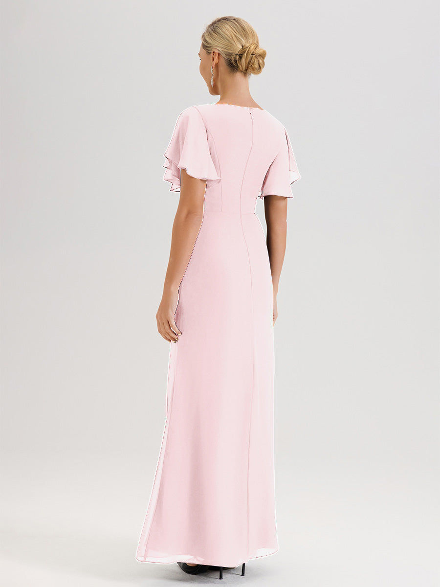 Cicinia Robe Pour Mère De La Mariée Rose Pale Longueur Au Sol En Chiffon Col Rond À Manches Courtes Volantées