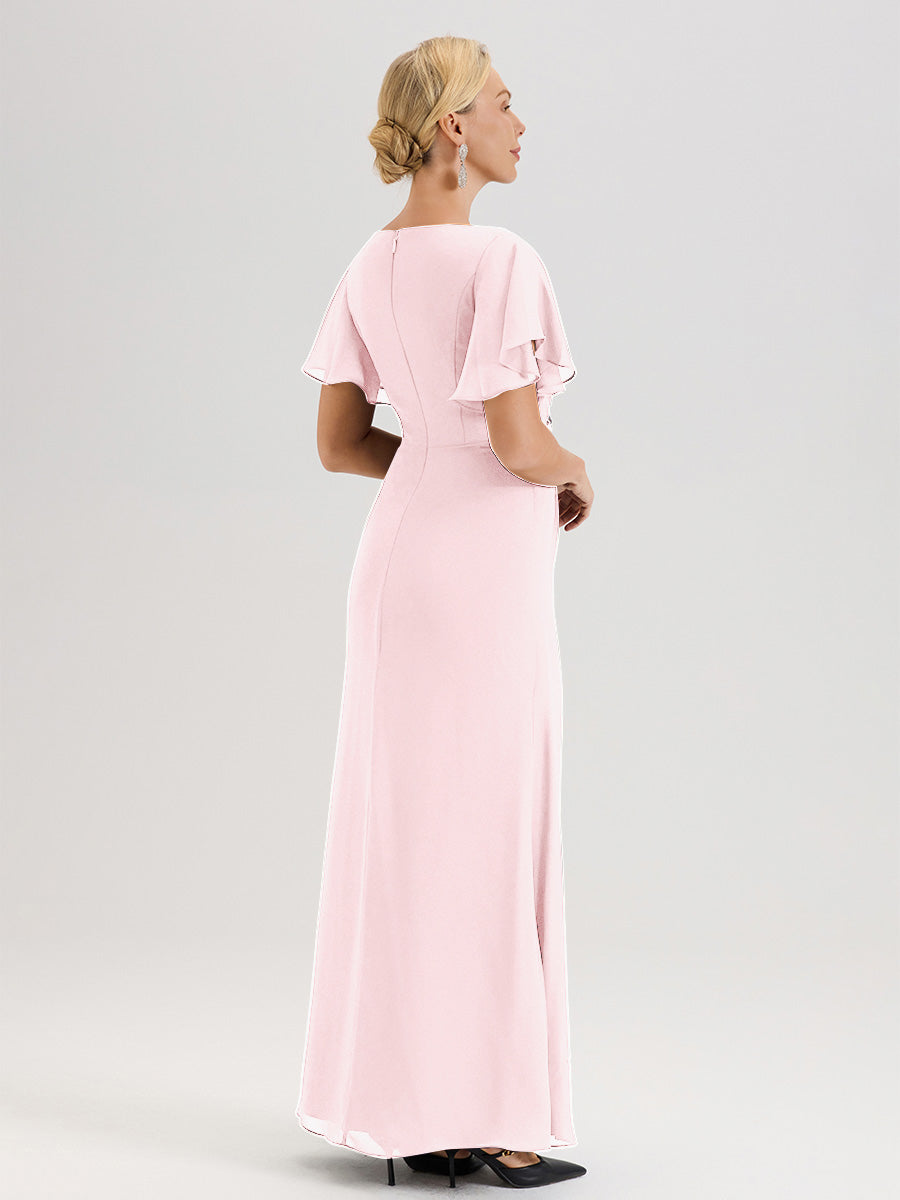 Cicinia Robe Pour Mère De La Mariée Rose Pale Longueur Au Sol En Chiffon Col Rond À Manches Courtes Volantées