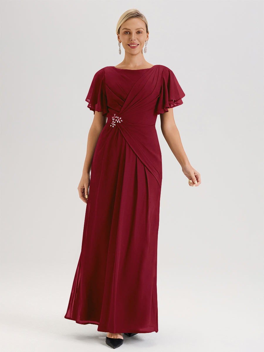 Cicinia Robe Pour Mère De La Mariée BORDEAUX Longueur Au Sol En Chiffon Col Rond À Manches Courtes Volantées