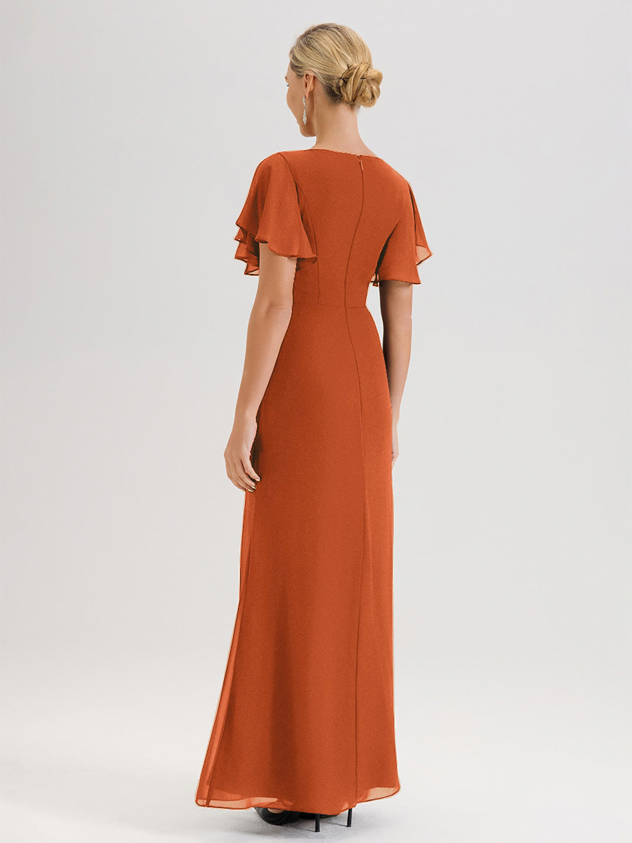 Cicinia Robe Pour Mère De La Mariée Orange Foncé Longueur Au Sol En Chiffon Col Rond À Manches Courtes Volantées