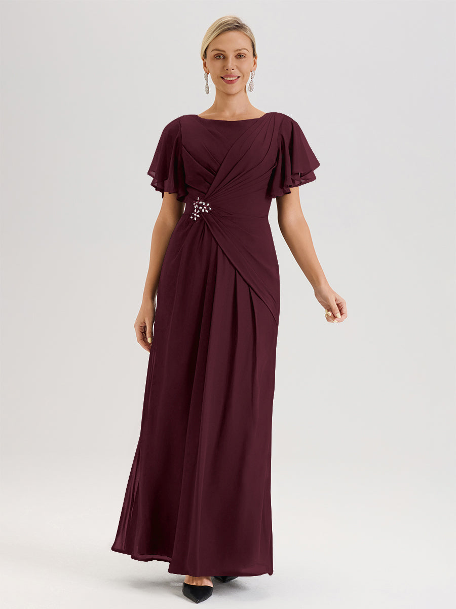 Cicinia Robe Pour Mère De La Mariée Cabernet Longueur Au Sol En Chiffon Col Rond À Manches Courtes Volantées