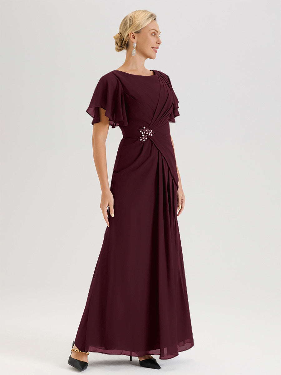 Cicinia Robe Pour Mère De La Mariée Cabernet Longueur Au Sol En Chiffon Col Rond À Manches Courtes Volantées