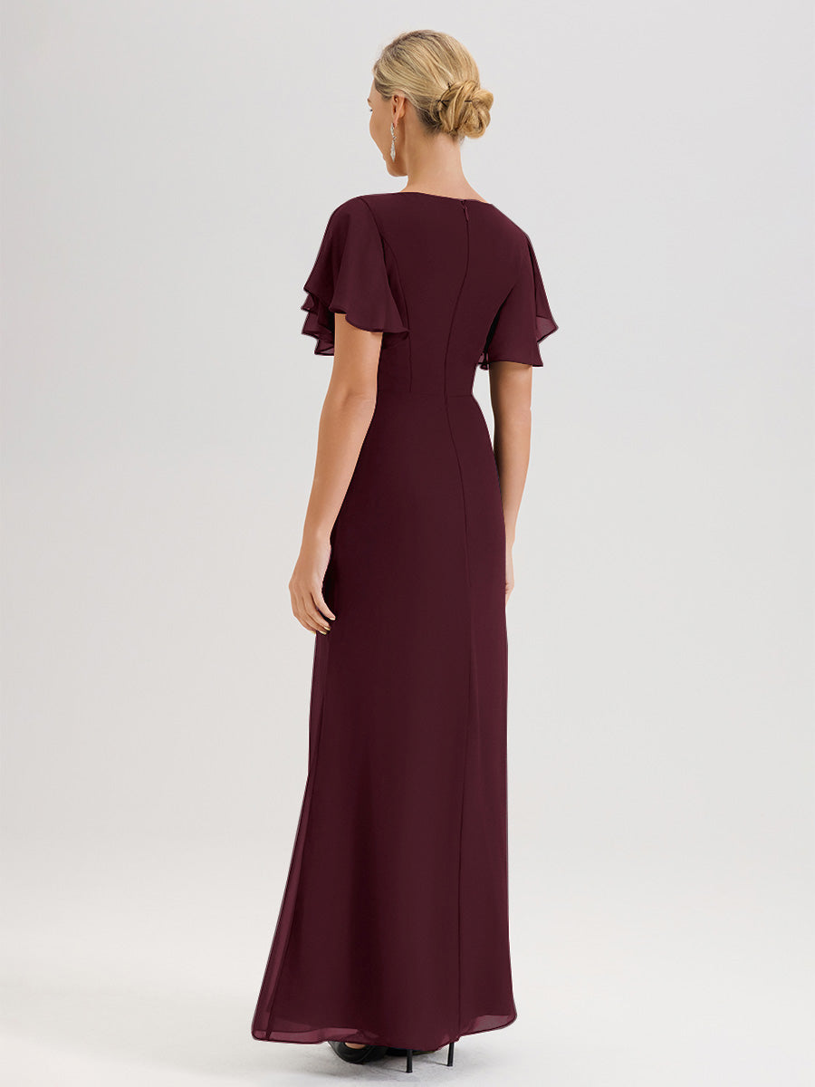 Cicinia Robe Pour Mère De La Mariée Cabernet Longueur Au Sol En Chiffon Col Rond À Manches Courtes Volantées