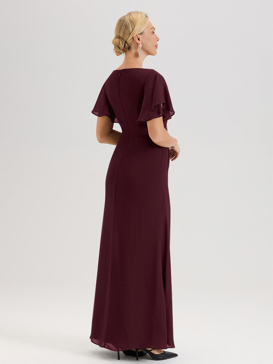 Cicinia Robe Pour Mère De La Mariée Cabernet Longueur Au Sol En Chiffon Col Rond À Manches Courtes Volantées