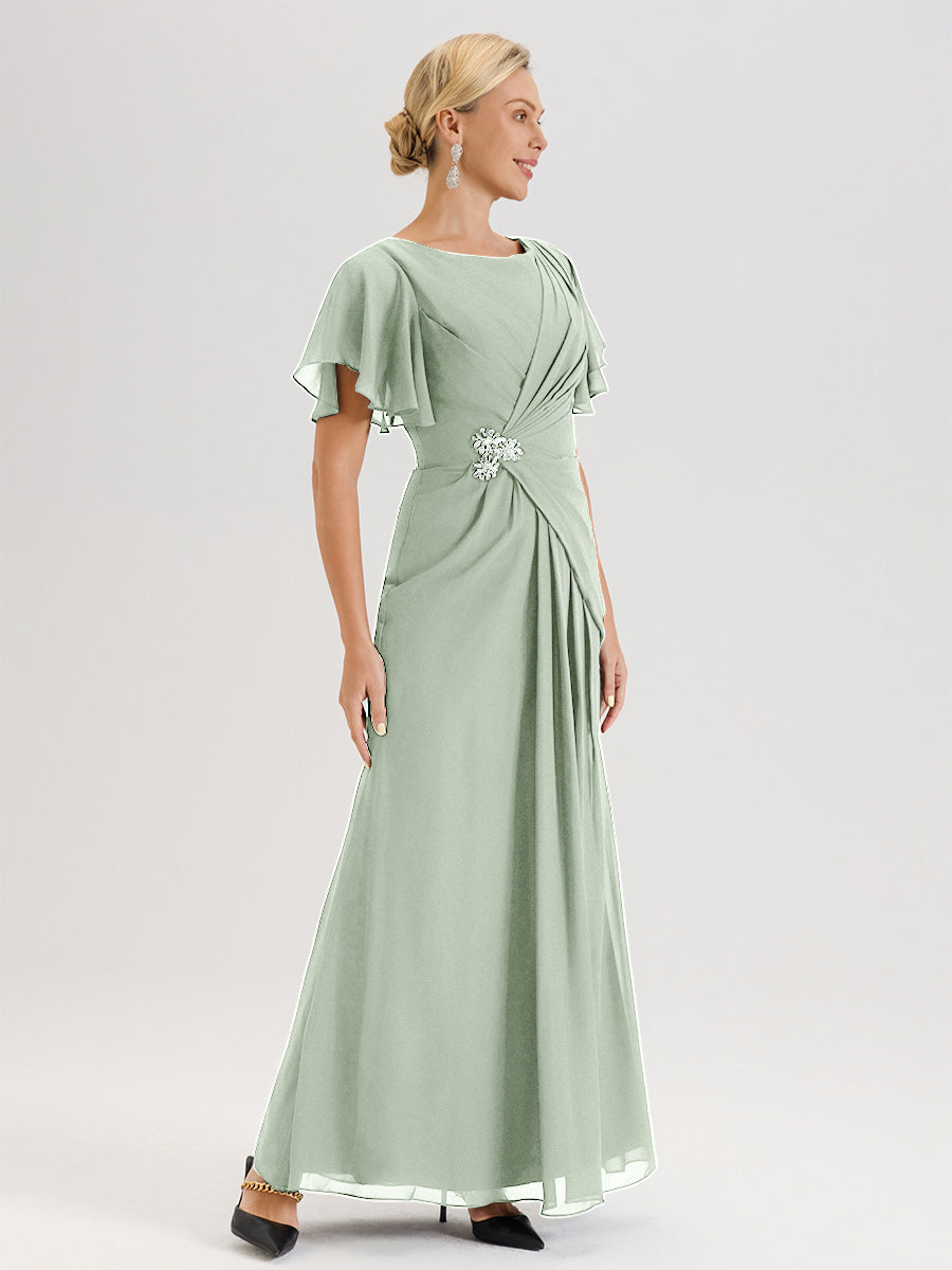 Cicinia Robe Pour Mère De La Mariée Celadon Longueur Au Sol En Chiffon Col Rond À Manches Courtes Volantées