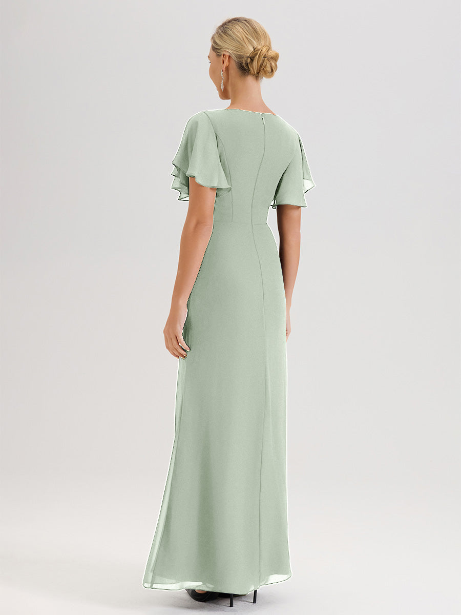 Cicinia Robe Pour Mère De La Mariée Celadon Longueur Au Sol En Chiffon Col Rond À Manches Courtes Volantées