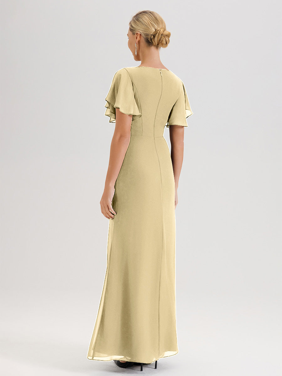 Cicinia Robe Pour Mère De La Mariée Champagne Longueur Au Sol En Chiffon Col Rond À Manches Courtes Volantées
