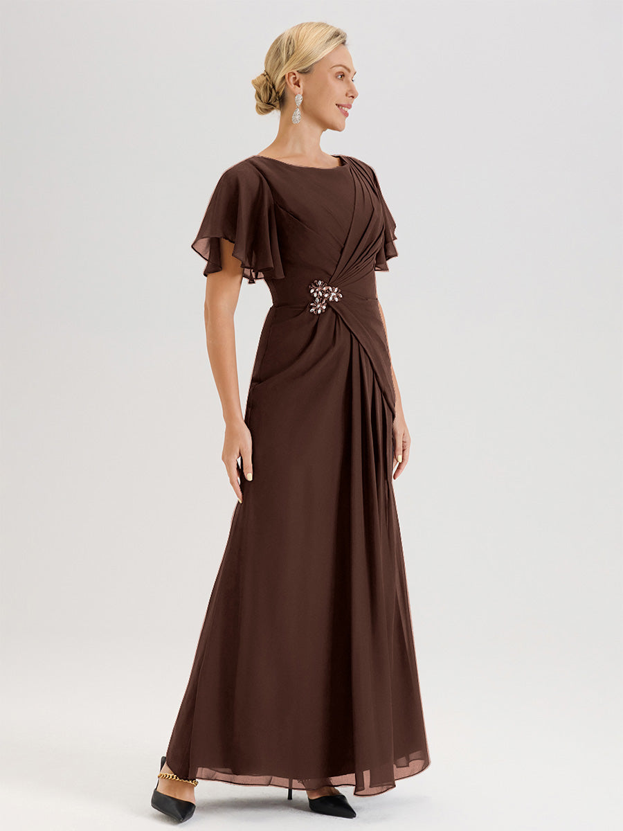 Cicinia Robe Pour Mère De La Mariée En Chocolat Longueur Au Sol En Chiffon Col Rond À Manches Courtes Volantées