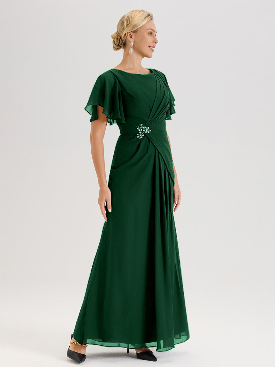 Cicinia Robe Pour Mère De La Mariée Vert Foncé Longueur Au Sol En Chiffon Col Rond À Manches Courtes Volantées