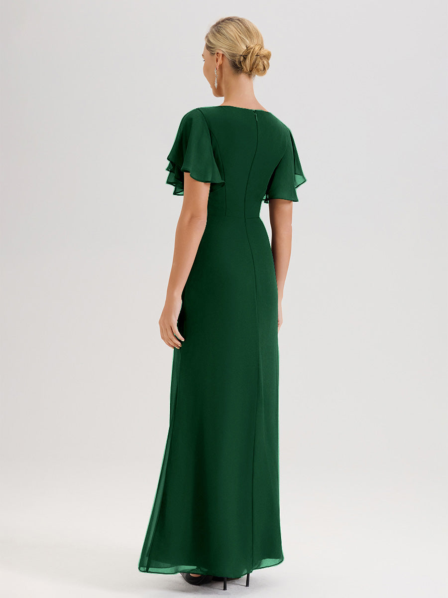 Cicinia Robe Pour Mère De La Mariée Vert Foncé Longueur Au Sol En Chiffon Col Rond À Manches Courtes Volantées