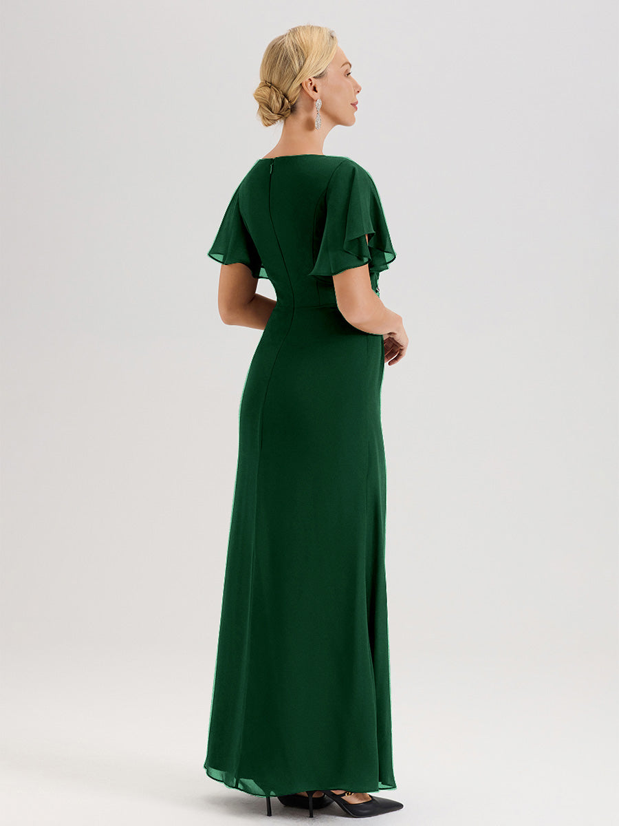 Cicinia Robe Pour Mère De La Mariée Vert Foncé Longueur Au Sol En Chiffon Col Rond À Manches Courtes Volantées