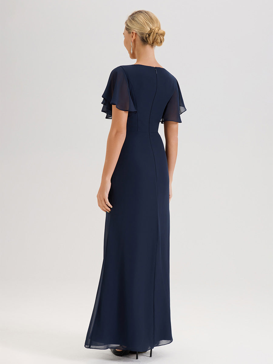 Cicinia Robe Pour Mère De La Mariée Bleu Marine Longueur Au Sol En Chiffon Col Rond À Manches Courtes Volantées