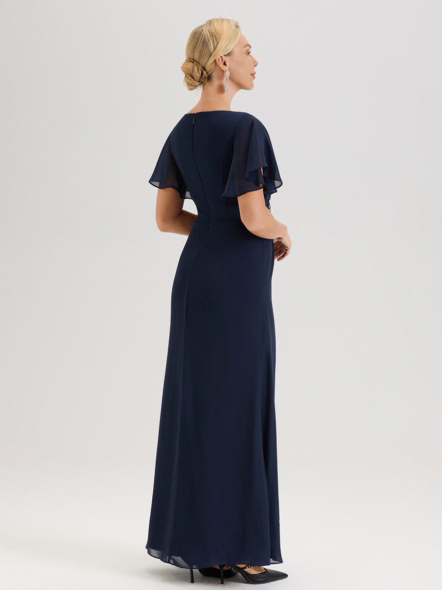Cicinia Robe Pour Mère De La Mariée Bleu Marine Longueur Au Sol En Chiffon Col Rond À Manches Courtes Volantées