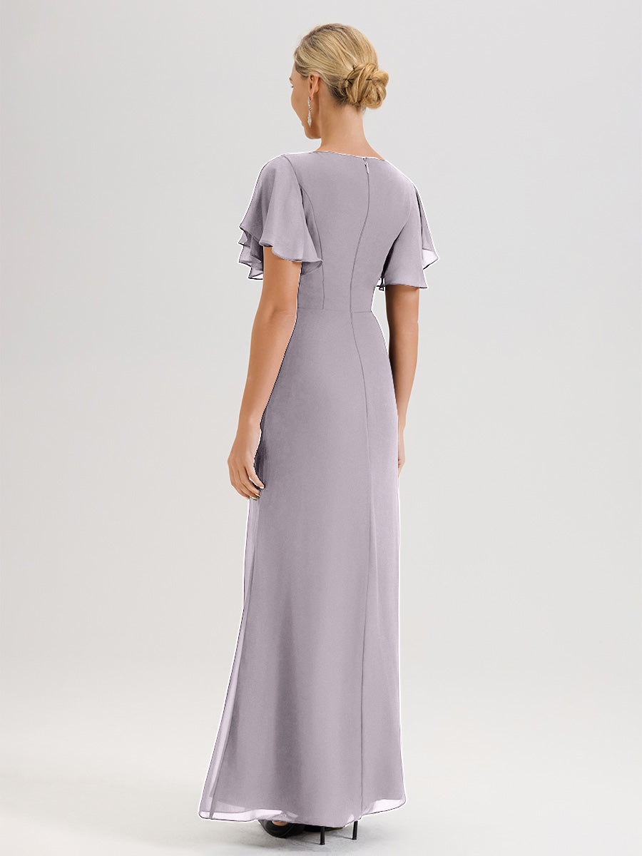 Cicinia Robe Pour Mère De La Mariée Crépuscule Longueur Au Sol En Chiffon Col Rond À Manches Courtes Volantées